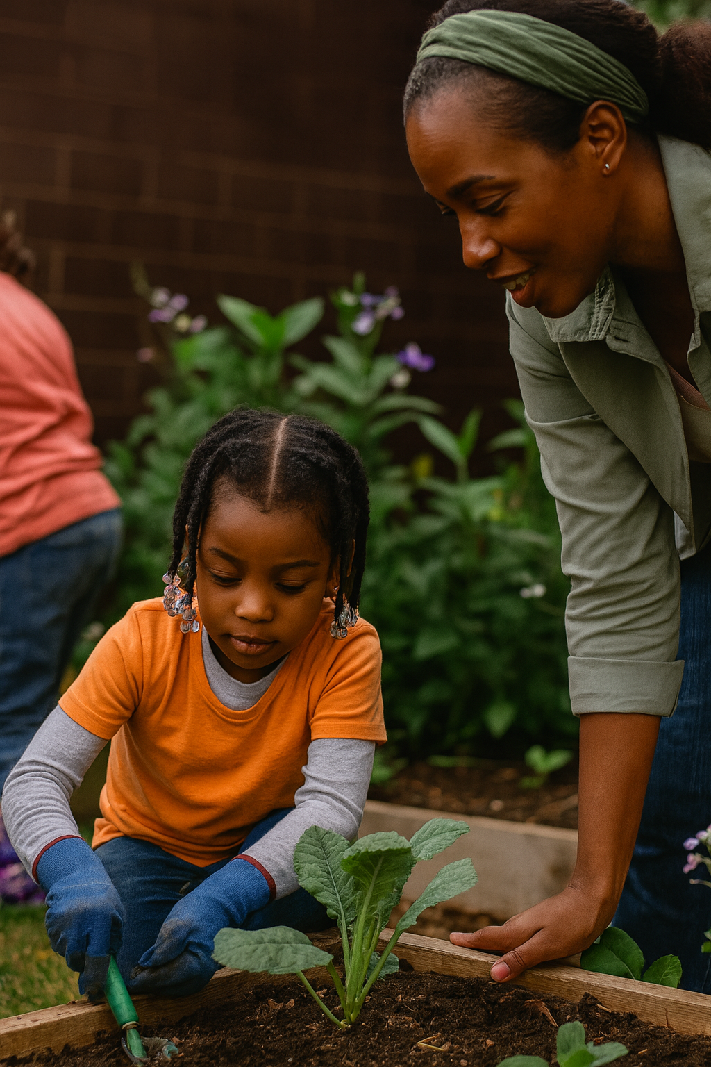 Adult teaching child about plants in garden